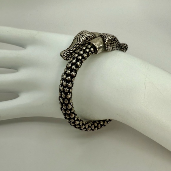 Vintage Silver-Tone Double Alligator Head Bracelet Bead Coil w Rhinestone Eyes - Picture 4 of 17